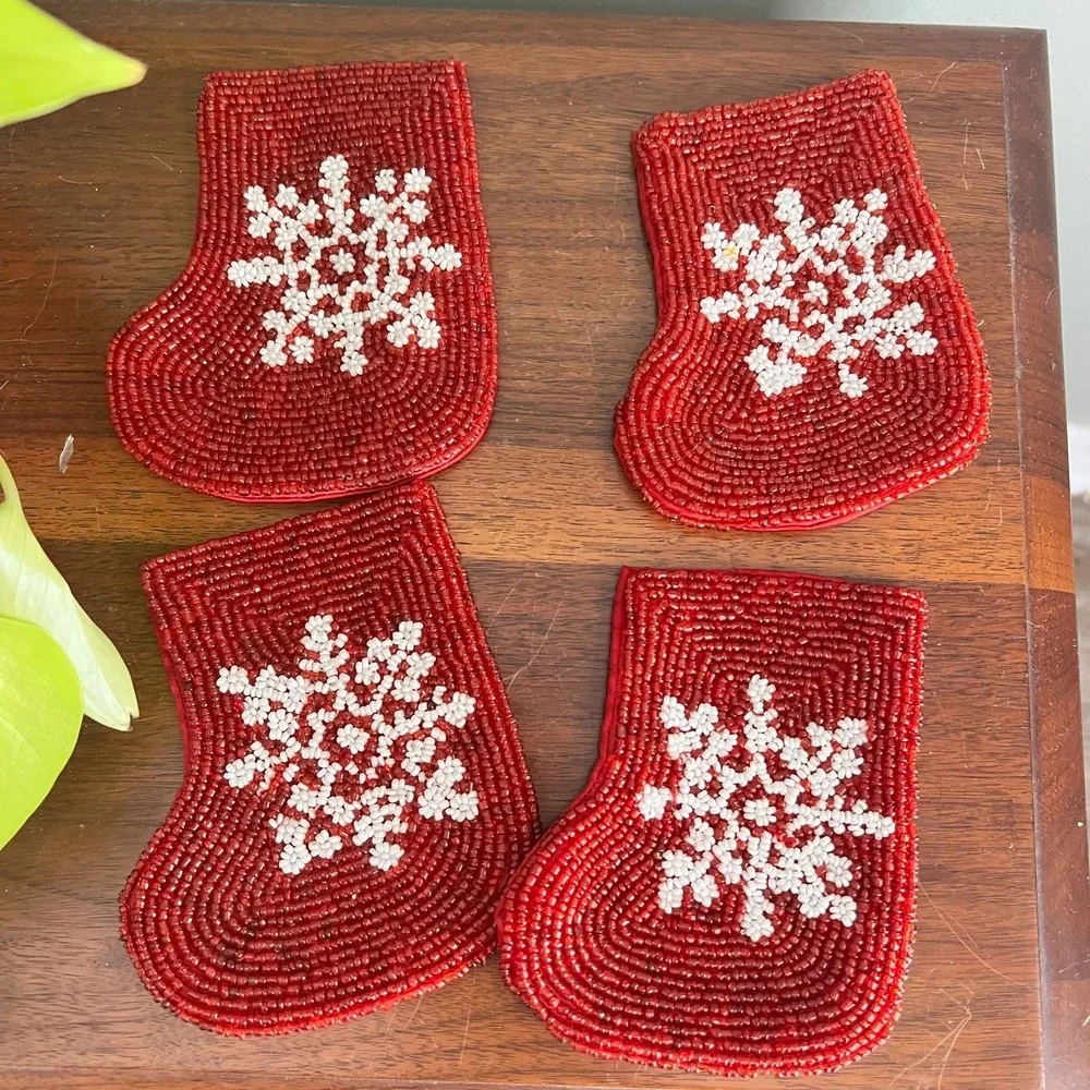 Dillard's VINTAGE Beaded Flatware Holders Christmas Stocking White/Red Set of 4